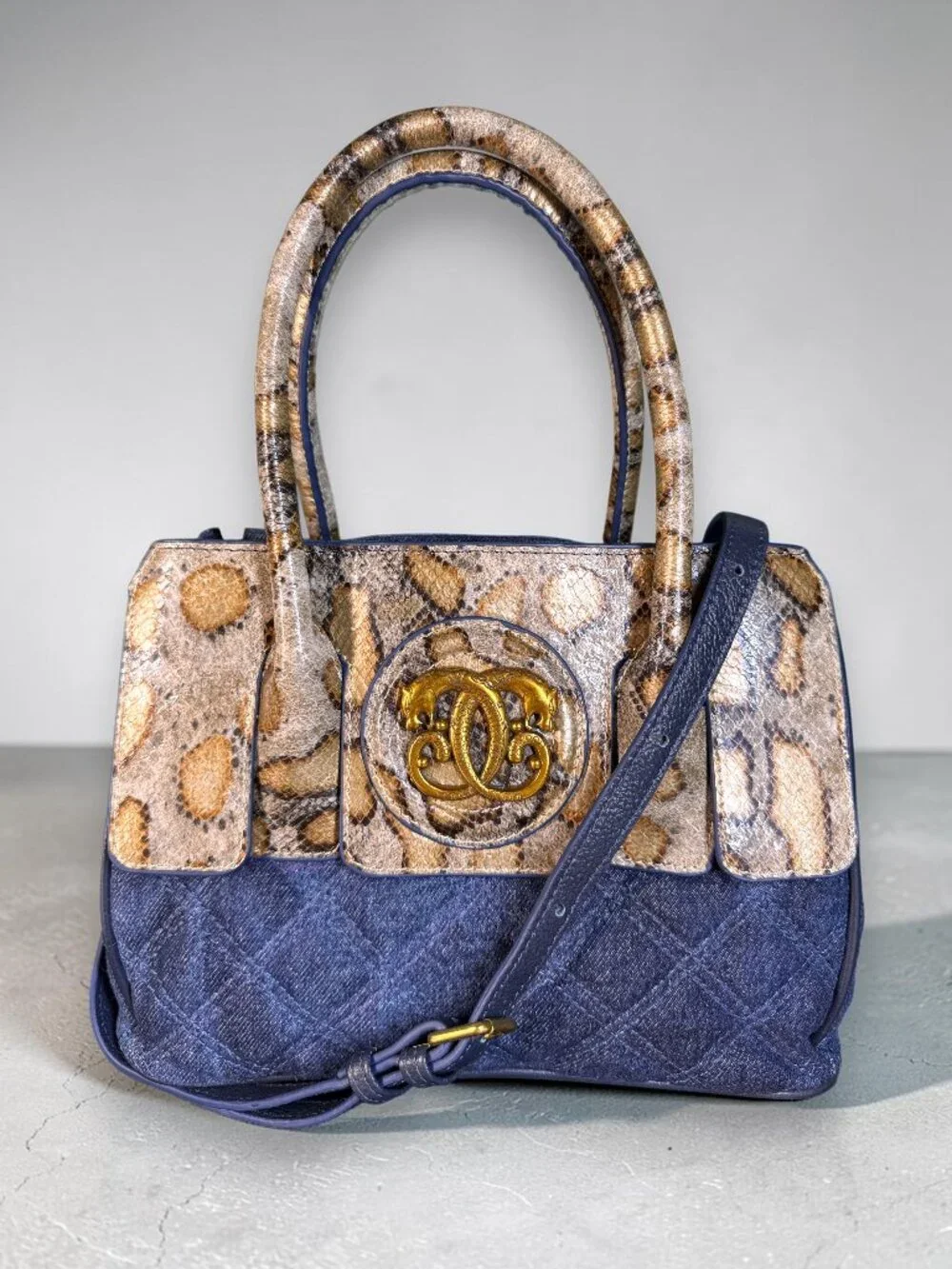 Sharif Legacy Denim and Snake Embossed Top Handle Crossbody - SAMPLE Bag